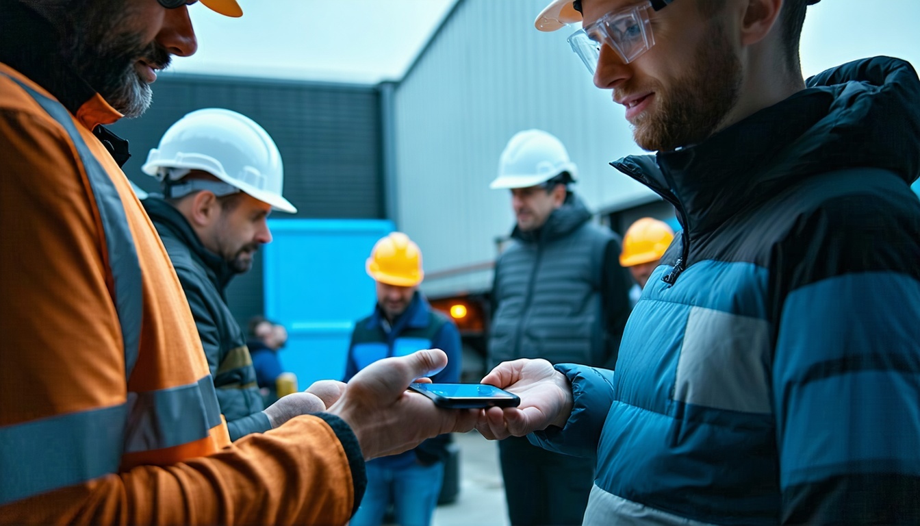 Image of downstream operations environment people sharing information on mobile device